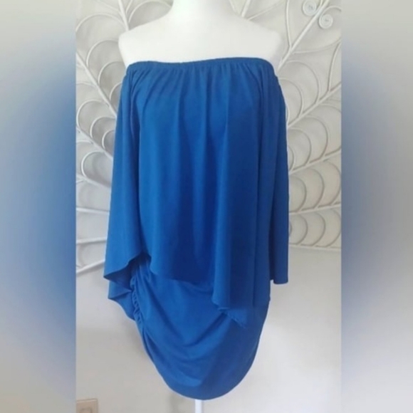 Polyester Off-Shoulder Bodycon Mini Dress, Bodycon Batwing Bkue Dress, (L) - Picture 9 of 10